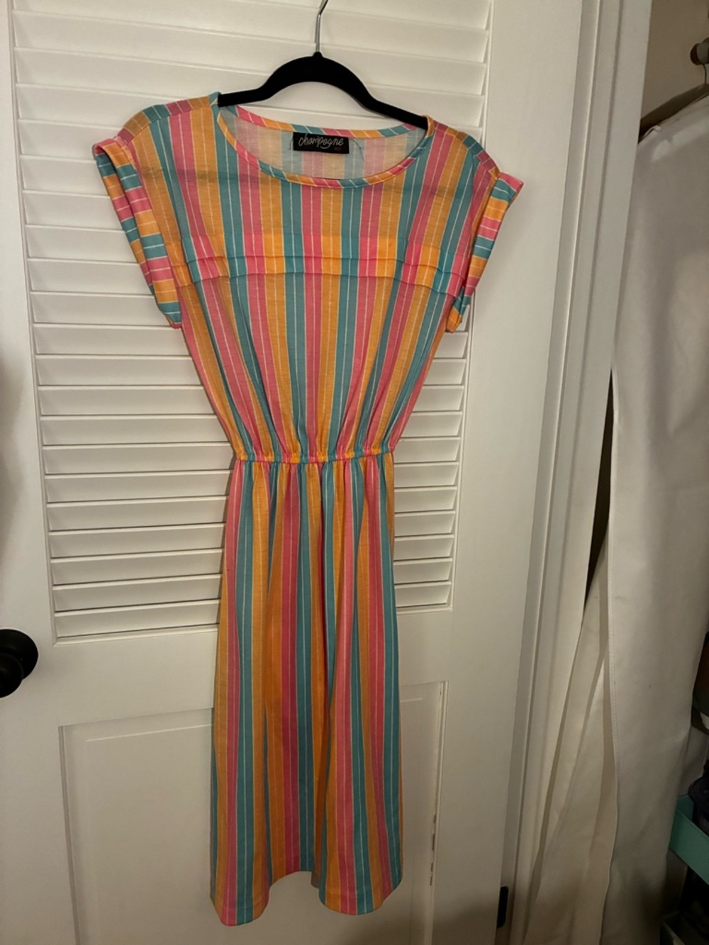 Champagne Multicolor Vertical Stripe Dress in Pink, Yellow & Blue